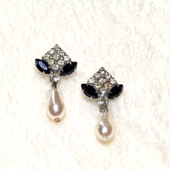 Vintage Black & Clear Rhinestone Faux Pearl Drop Pierced Earrings - Picture 2 of 7